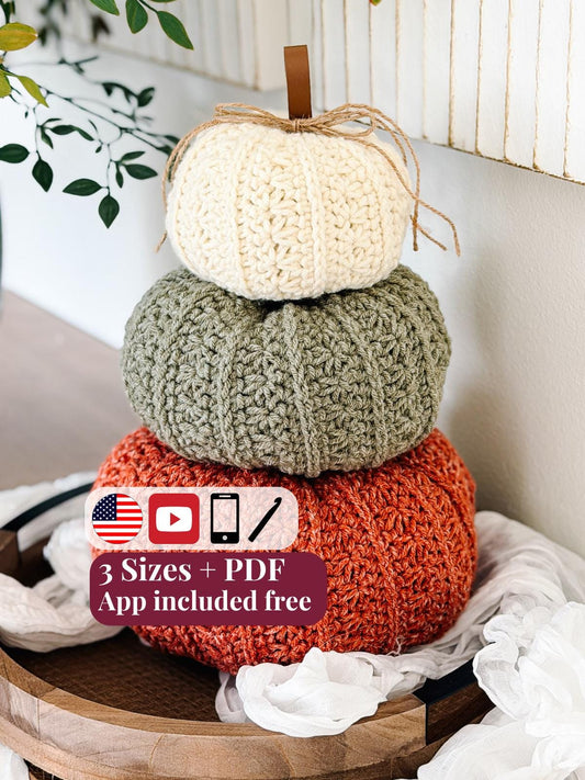 CROCHET PATTERN + APP and Video, Petal Loop Stitch Pumpkin | Stacking Fall Pumpkins | 3 Sizes | Textured Pumpkin Decor | Instant Download