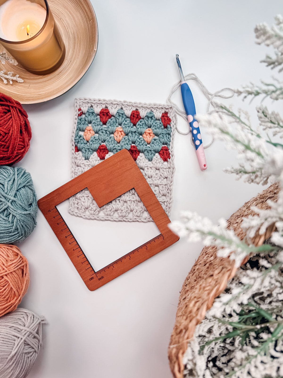 Gemstone Hues granny stitch colorwork flat lay with yarn