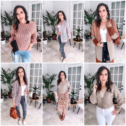 Just Two Seams crochet collection: duster, v-neck cardigan, cardis, sweater and pullover, each made with only two seams