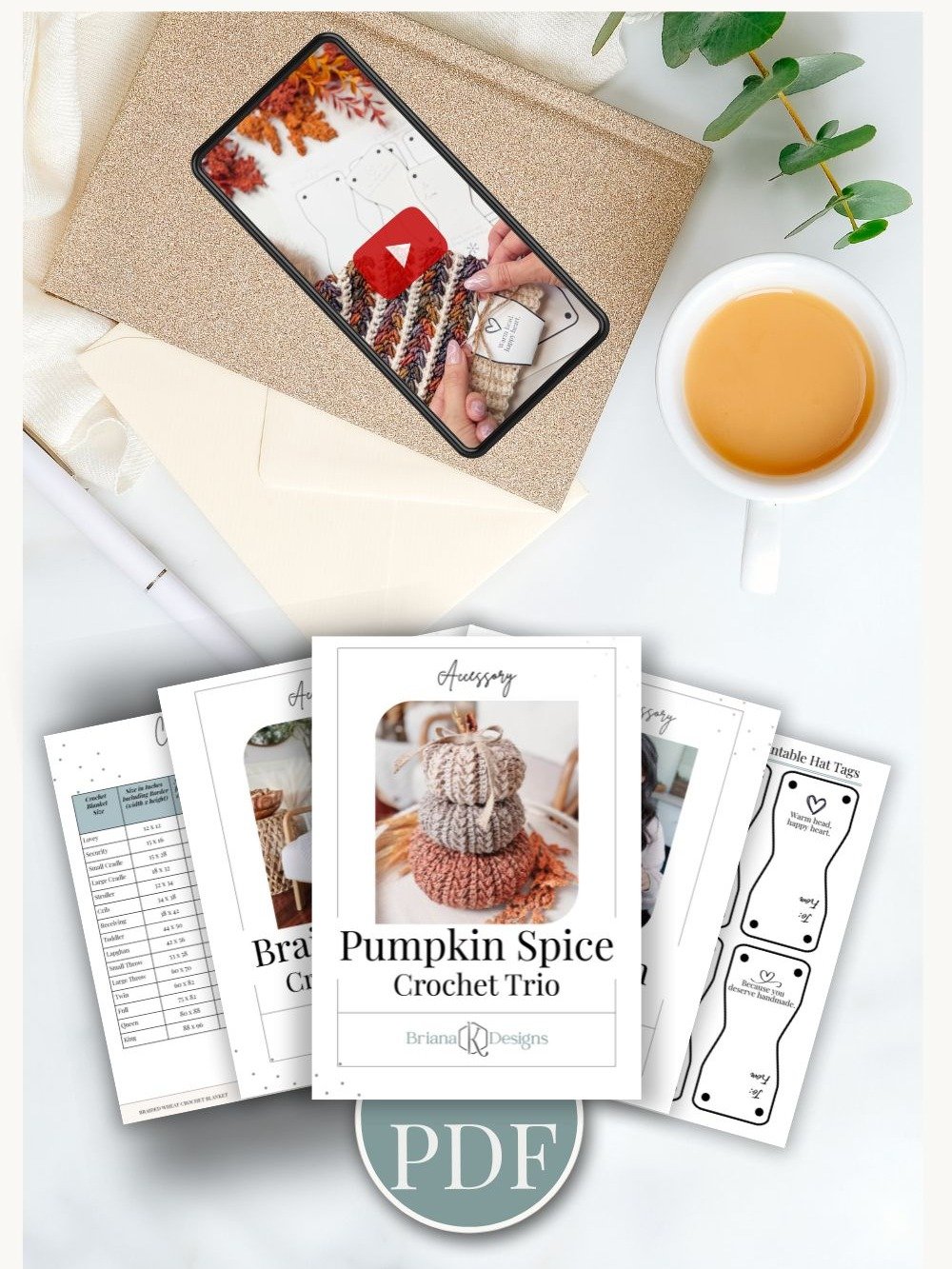 Fall crochet pattern bundle, PDF pattern pages and video tutorial on a phone