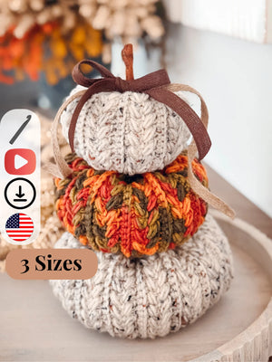 Fall crochet pattern bundle, three stacking pumpkins with a ribbon bow