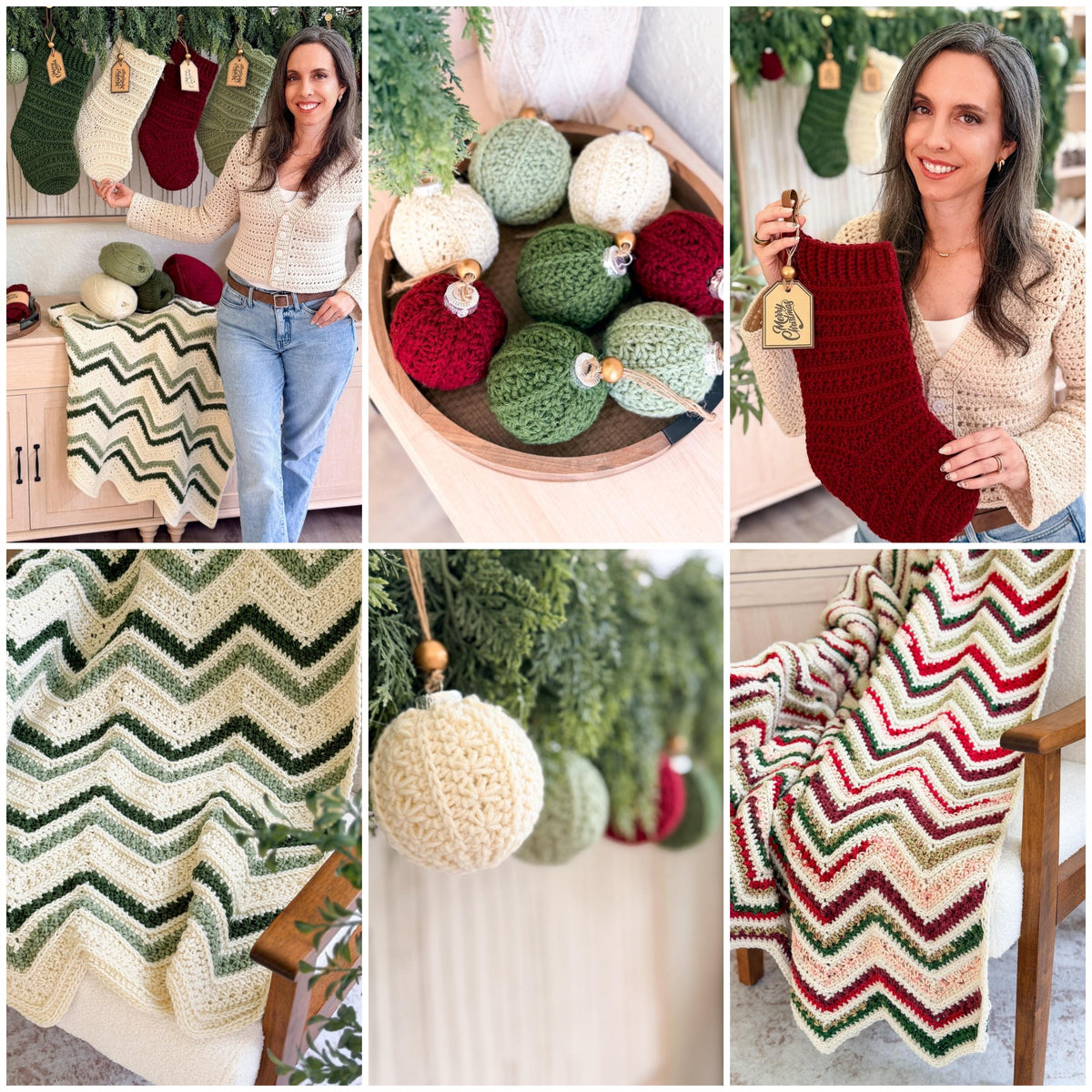 Petal Loop holiday crochet collection: Christmas stockings, chevron blankets and ornaments in green, red and cream