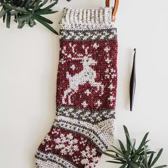 CROCHET PATTERN + VIDEO Prancing Deer Crochet Stocking Pattern Plus Charts. Christmas Stocking Holiday Crochet Decor