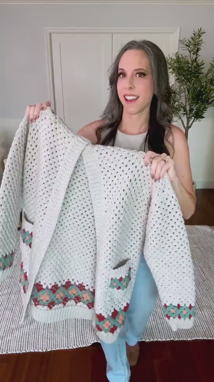 CROCHET PATTERN + VIDEO Gemstone Granny Stitch Crochet Cardigan Pattern with Hood and Pockets Size-Inclusive xs-5x, Video & Colorwork Charts