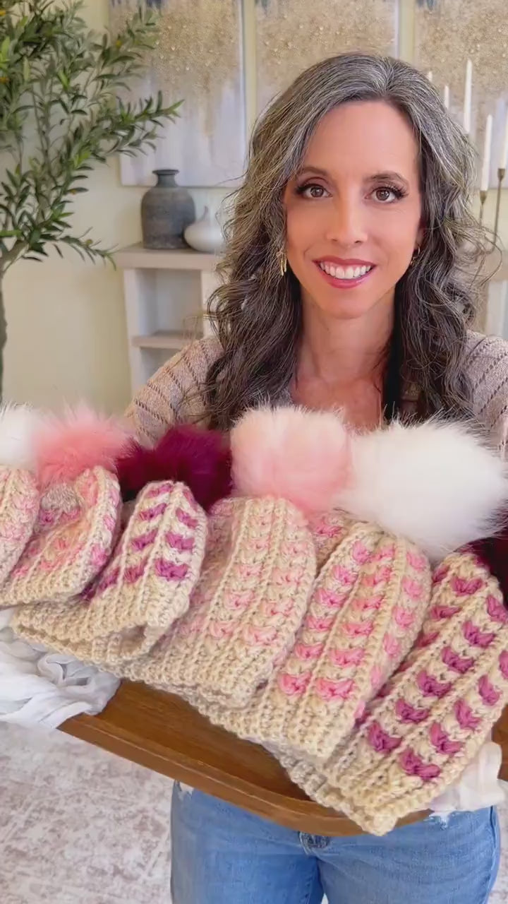 CROCHET PATTERN + VIDEO Wheat Stitch Sweetheart Crochet Hat Pattern, 8 Sizes from Newborn to Adult, Crochet Heart Hat with Printable Tags