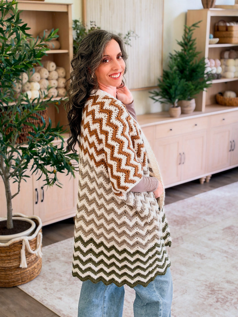 Back view of the Ripple Crochet Ruana showing the ripple running over the shoulders