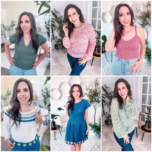 Sun and Stitches crochet collection: lightweight v-neck top, sweaters, tank top and summer dress