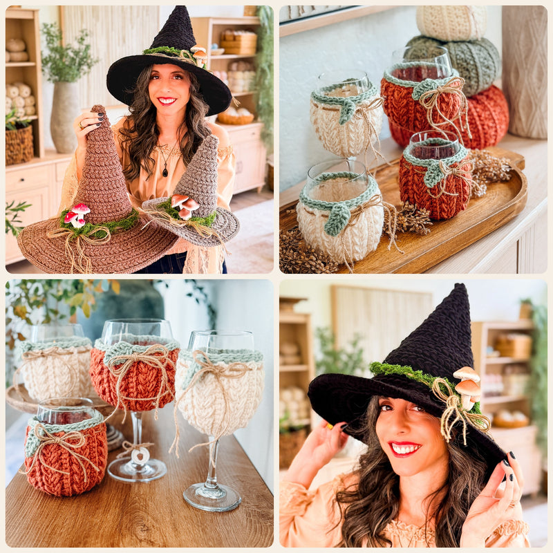 Spells and Spills Crochet Collection | 2 Patterns | Witch Hat + Wine Glass Cover | PDF
